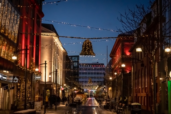 Christmas street decorations, including a bell-shaped illumination, in Reykjavík.