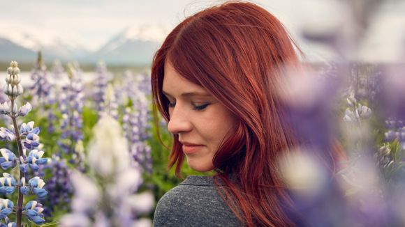 A solo female traveller in a field of purple lupines in Iceland. 