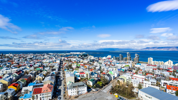 View over Reykjavík with blue skies.