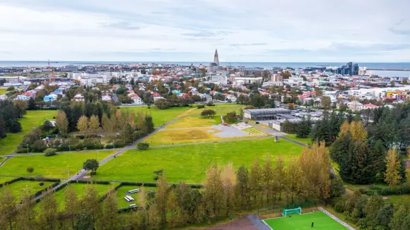 Aerial photo of Klambratún Park in Reykjavík.