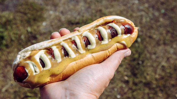 Someone holding an Icelandic hot dog.