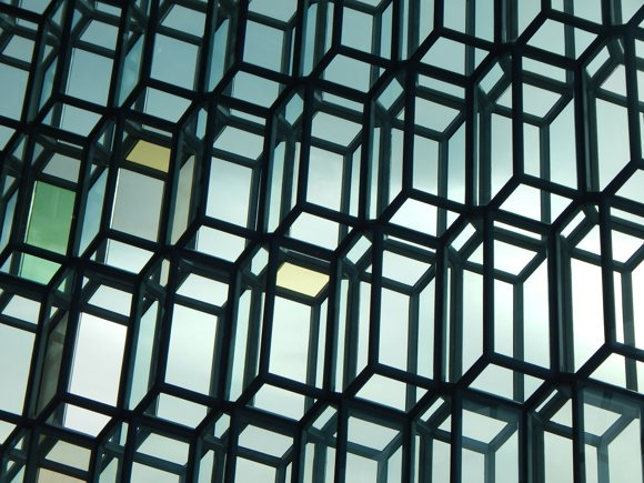 Close up of the geometric windows at Harpa Concert Hall