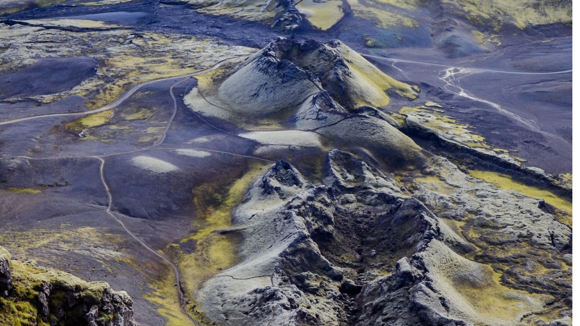 Drone image of the Lakagígar craters’ deep and rugged landscape