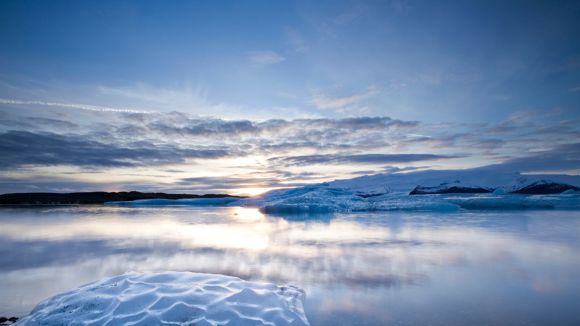 A wide-angle image of Jokulsarlon Lagoon in Iceland taken in February.