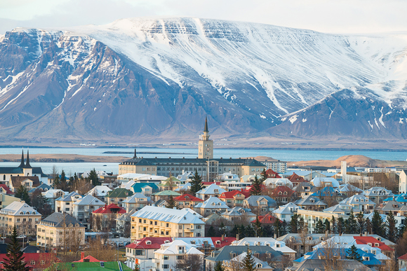 Aerial view of Reykjavík in late winter