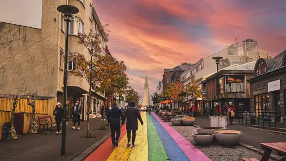 A pink sky over Reykjavík’s Rainbow Street.