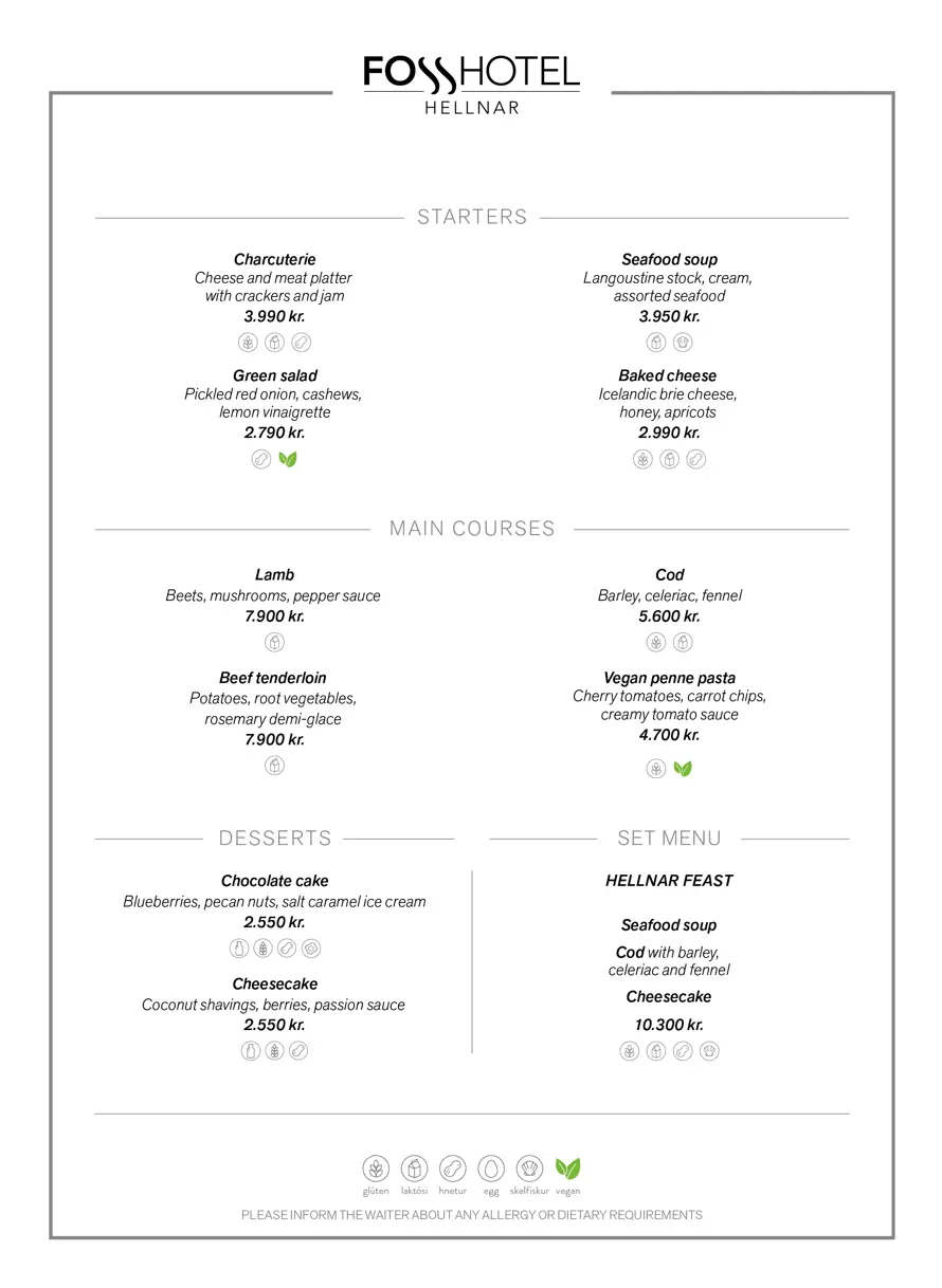 Dinner menu
