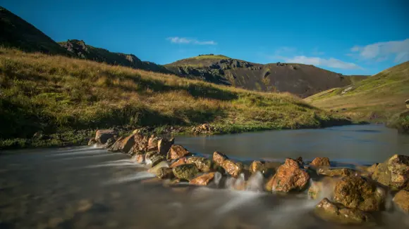 The hot river in Reykjadalur Valley in Iceland