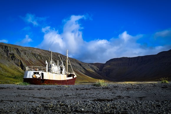 Stranded boat on the coast of the Westfjords in Iceland