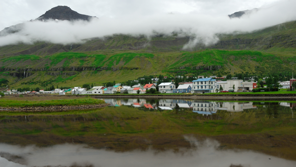A view of the idyllic town of Seyðisfjörður from the fjord