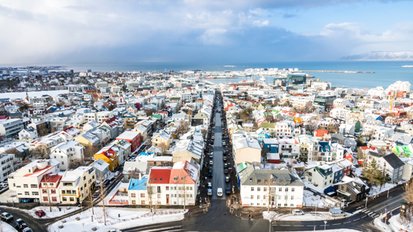 Aerial view of central Reykjavik in winter.