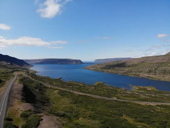 Aerial view of the Westfjords in Iceland on a clear, sunny day