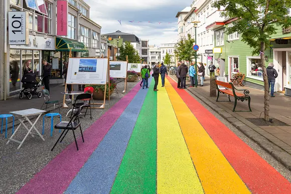 Pedestrians on Rainbow Street in Reykjavik.