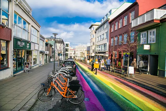 A picture of a rainbow-coloured street in Reykjavík.