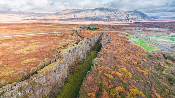 Aerial view of the rift between tectonic plates at Þingvellir National Park.