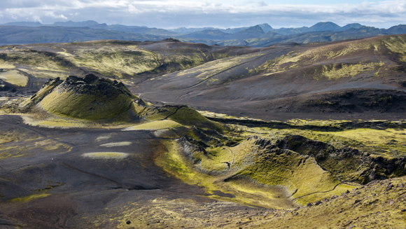 Sun shining over the Lakagígar crater row in Iceland.
