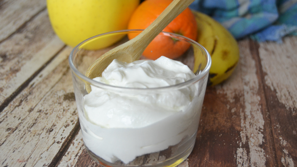  Closeup image Skyr in a glass bowl with fruit