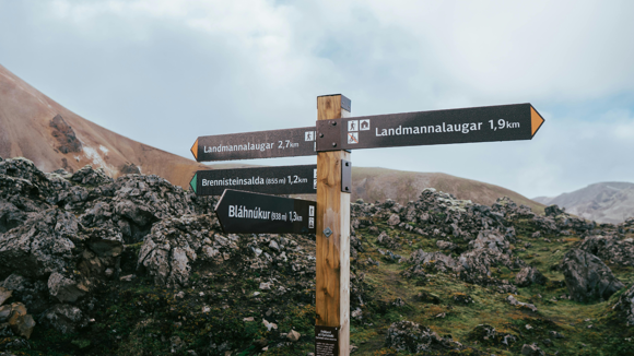 Signpost in the Highlands of Iceland with Icelandic names on.