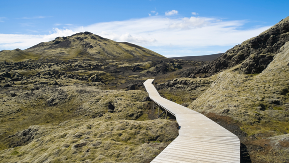 Wooden paths above the moss on the Lakagígar craters.