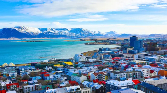 Aerial view of Reykjavík on a sunny day.