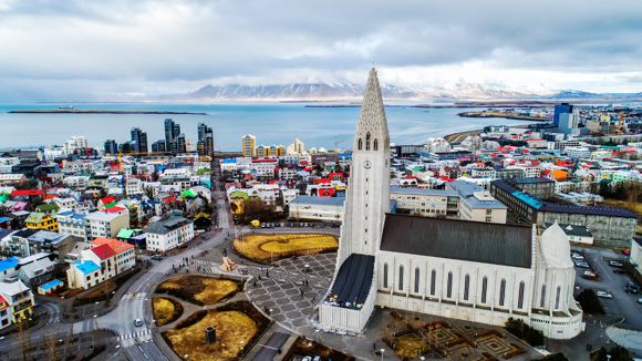 Skyline view of colourful houses in Reykjavík with Hallgrímskirkja in the foreground