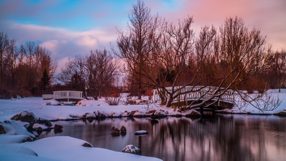 A snow-covered park in Reykjavík in the winter.