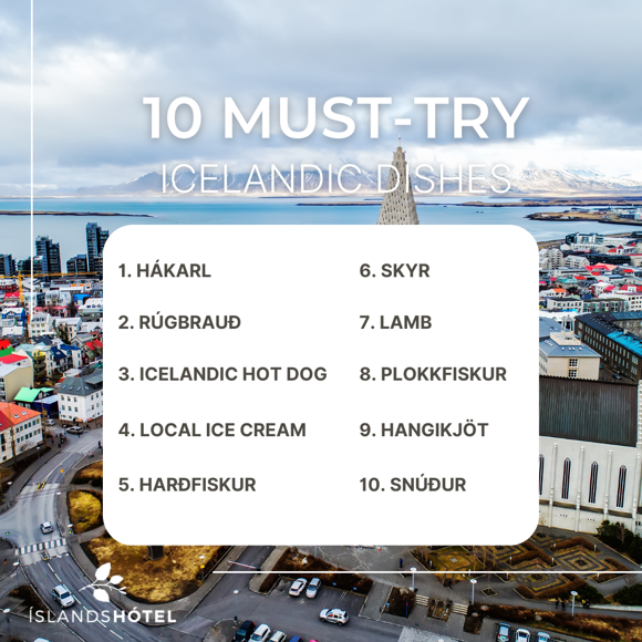 Graphic listing 10 must-try Icelandic dishes with a background image of Reykjavík.