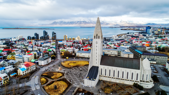 Aerial view of Hallgrimskirkja cathedral in central Reykjavik.