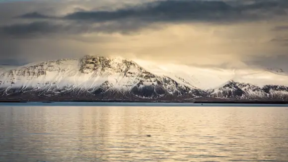 A view of Mount Esja from Reykjavík at dusk.