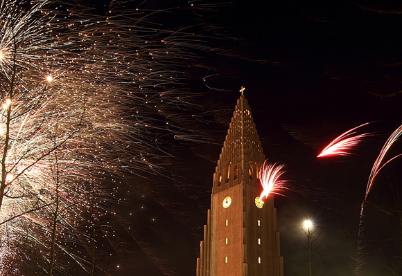 Fireworks near Hallgrimskirkja Cathedral in Reykjavík on New Year’s Eve