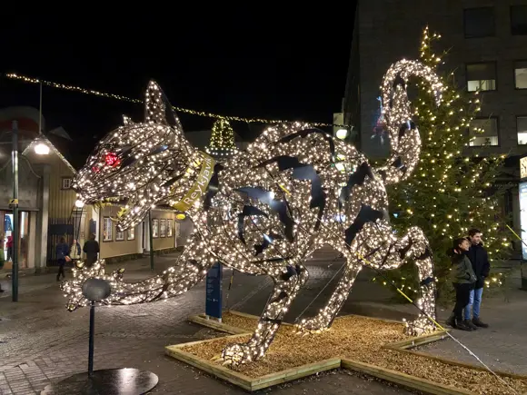 Lighted Statue of the Yule Cat in Reykjavík.