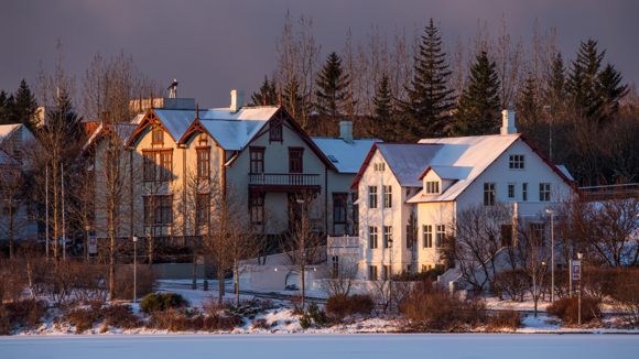 Snow-covered houses in Reykjavík.