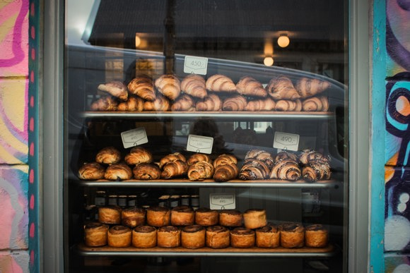 Display of pastries in the window of Brauð & Co bakery in Reykjavík.