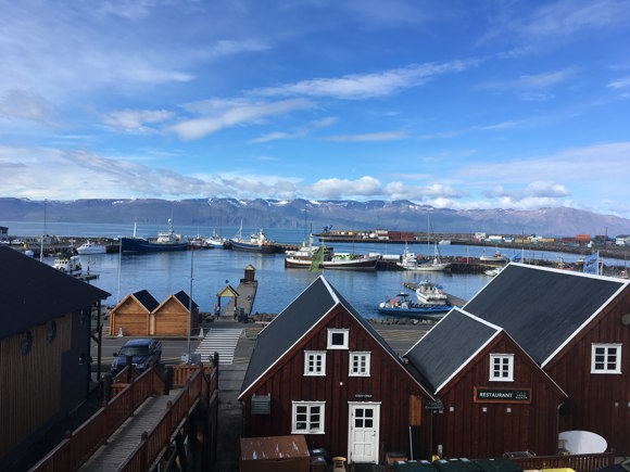 View of the harbour and waterside buildings in Húsavík, Iceland