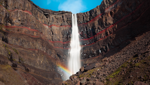 Hengifoss in East Iceland has unique red and black rock layers 