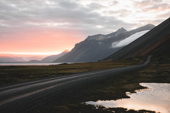 A road leading to Vestrahorn, Iceland at sunset