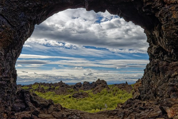 Rock formations of Dimmuborgir lava field in Iceland.